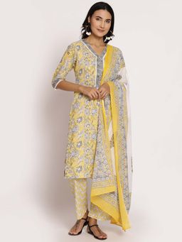Shree - Women Cotton Lemon Yellow Floral Printed Kurta Comfort Pant Dupatta (Set Of 3)