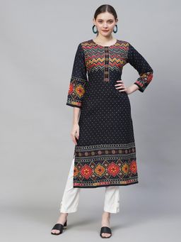 FASHOR - Ethnic Printed Straight Fit Kurta-Navy Blue