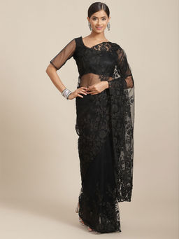 Odette - Black Floral Embroidered Net Saree with Unstitched Blouse