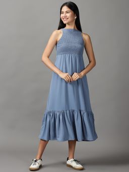 SHOWOFF - Womens Round Neck Midi Blue Solid Dress