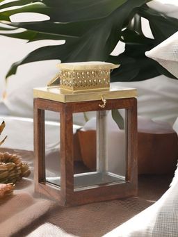 At Home by Nilkamal - Square Wooden Lantern Candle Stand (Gold & Brown)