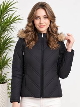 Vero Amore - Black Polyester Solid/Plain Hooded Puffer 1 Jacket