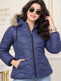 Vero Amore - Navy Blue Polyester Solid/Plain Hooded Puffer 1 Jacket