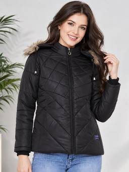 Vero Amore - Black Polyester Solid/Plain Hooded Puffer 1 Jacket