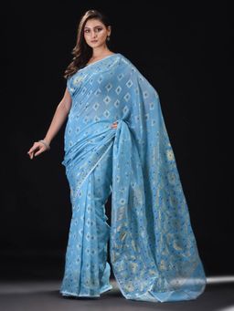 Beatitude - Blue Cotton Silk Woven Jacquard Jamdani Saree with Unstitched Blouse