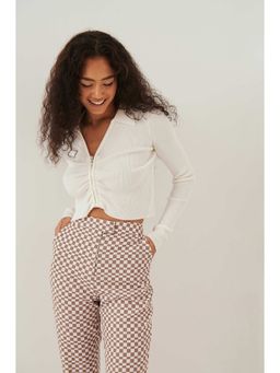 NA-KD - Rib Knitted Rouched Zip Detail Cardigan - Off White