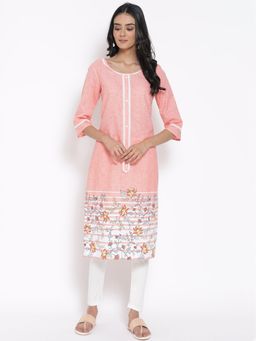 Aurelia - Peach Printed Round Neck Kurta & Tights (Set of 2)