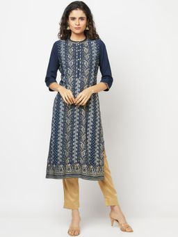 Aurelia - Blue Floral Printed Liva Kurta & Trousers (Set of 2)
