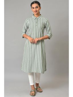 Aurelia - Green Stripe Print Shirt Collar Kurta & Trousers. (Set of 2)