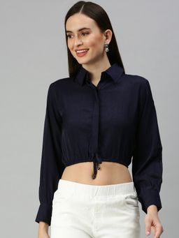 SHOWOFFFF - Women Shirt Collar Solid Navy Blue Crop Top