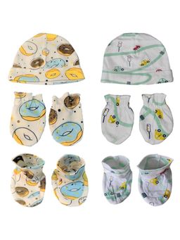 The Mom Store - Unisex Multi-Color Printed Mittens with Booties and Cap (Pack of 2) (0-3 Months)