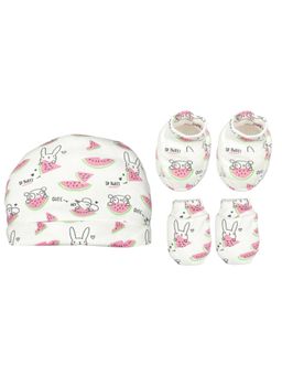 The Mom Store - Unisex White Printed Mittens with Booties and Cap (Set of 3) (0-3 Months)