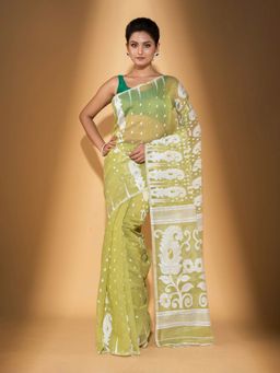 Beatitude - Green Cotton Silk Jacquard Jamdani Saree with Unstitched Blouse