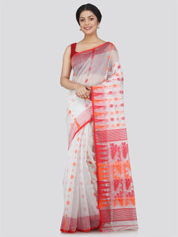 PinkLoom - Womens Soft Cotton Blend Jamdani Saree without Blouse -White