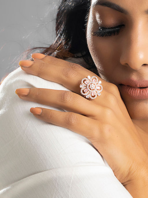 Priyaasi Pink Floral American Diamond Rose Gold Ring