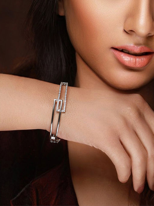 Priyaasi Geometric Solid American Diamond Silver-Plated Bracelet