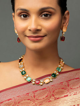 Priyaasi - Geometric Multicolor Stone Studded Gold-Plated Jewellery Set
