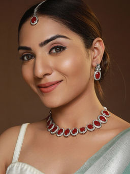 Priyaasi - Red Oval AD Studded Silver-Plated Jewellery Set with Maangtikka