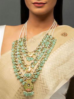 Priyaasi - Sea Green Studded Buds Beaded Multilayer Gold-Plated Necklace