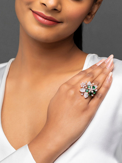 Priyaasi Stunning Green Floral Leaf AD Rose Gold-Plated Cocktail Ring