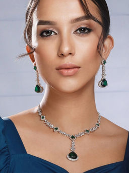 Priyaasi - Green Floral Drop AD Silver-Plated Jewellery Set