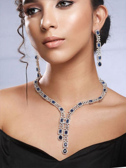 Priyaasi - Blue Floral Block Drop American Diamond Silver-Plated Jewellery Set