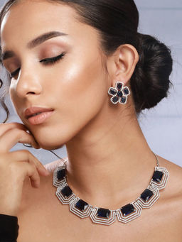 Priyaasi - Blue Block Flower American Diamond Silver-Plated Jewellery Set