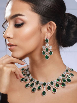 Priyaasi - Green Floral Drops American Diamond Silver-Plated Jewellery Set