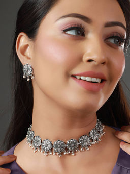 Sheer by Priyaasi - Oxidised Silver Blooming Flower Peart Jewellery Set (Set of 2)