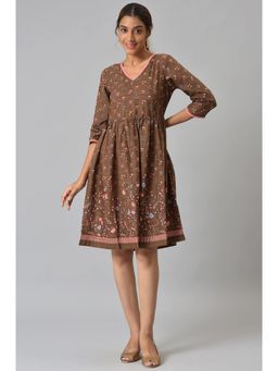 Aurelia - Brown Floral Printed Flared Dress