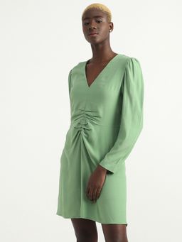United Colors of Benetton - Viscose Green Solid V-Neck Women Dress
