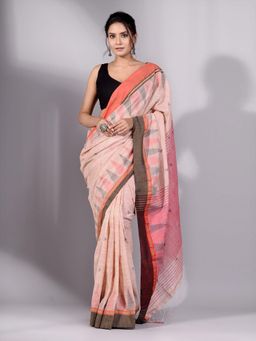 CHARUKRITI - Beige Cotton Handspun Soft Saree with Temple Border Without Blouse