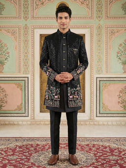 Jompers - Men’s Black Heavily Embroidered Indo-Western Kurta with Sherwani & Pant