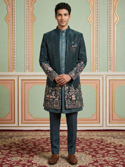 Jompers - Men’s Peacock Teal Heavily Embroidered Indo-Western Kurta with Sherwani & Pant