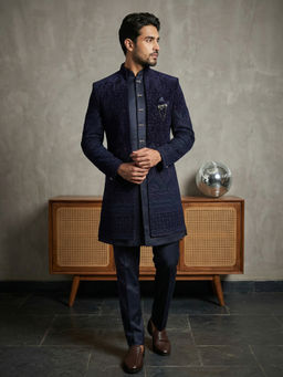 Jompers - Men’s Navy Blue Embroidered Indo-Western Kurta with Jacket & Pant