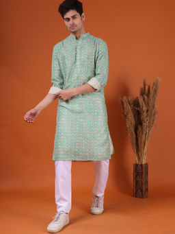 SHIWAM ETHNIX - Mens Green Silk Kurta with Pyjama