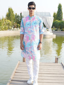 SHIWAM ETHNIX - Mens Blue Floral Print Cotton Kurta with Pyjama