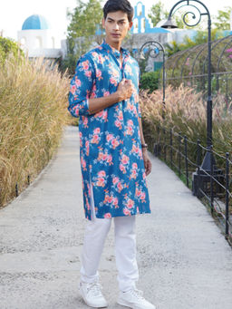 SHIWAM ETHNIX - Mens Blue Floral Print Cotton Kurta with Pyjama