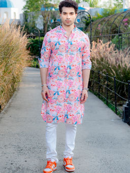 SHIWAM ETHNIX - Mens Multi-Color Floral Print Cotton Kurta with Pyjama