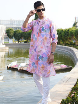 SHIWAM ETHNIX - Mens Pink Floral Print Cotton Kurta with Pyjama