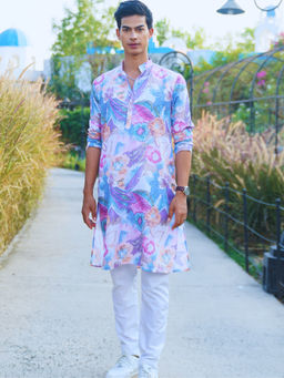 SHIWAM ETHNIX - Mens Purple Floral Print Cotton Kurta with Pyjama