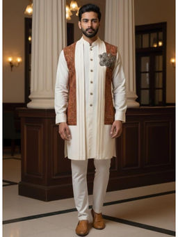 TAJIRI - VIREX Off White Kurta With Jacket & Trouser