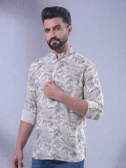 CRIMSOUNE CLUB - Mens Grey Floral Print Linen Short Kurta