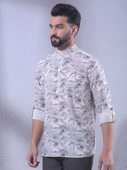 CRIMSOUNE CLUB - Mens Purple Floral Print Linen Short Kurta