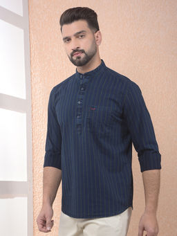 CRIMSOUNE CLUB - Mens Striped 100% Cotton Blue Short Kurta