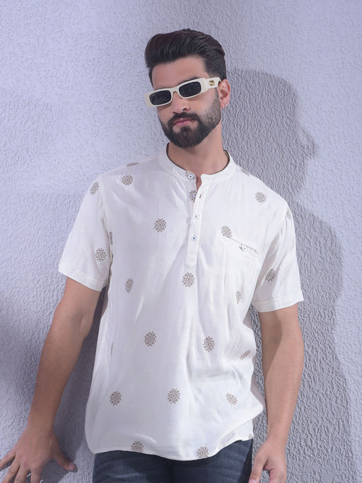 CRIMSOUNE CLUB Mens White Jacquard Short Kurta