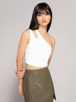 Twenty Dresses by Nykaa Fashion - White Solid One Shoulder Crop Top