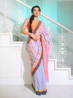 CHARUKRITI - Light Grey Cotton Handspun Handwoven Saree with Stripes Pattern with Unstitched Blouse
