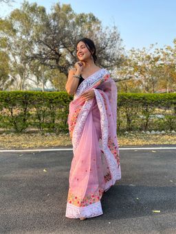 Odette - Light Pink Organza Embroidered Saree with Unstitched Blouse