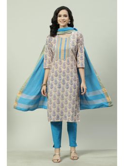 Biba - Beige Cotton Unstitched Suit (Set of 3)